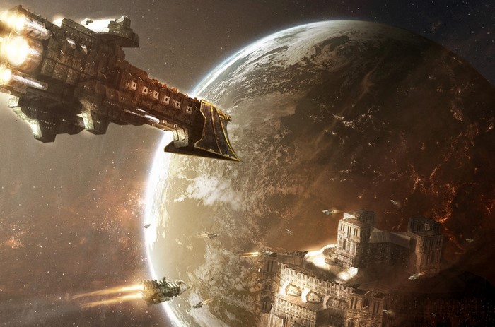 Warhammer 40000 starship fleet above a planet