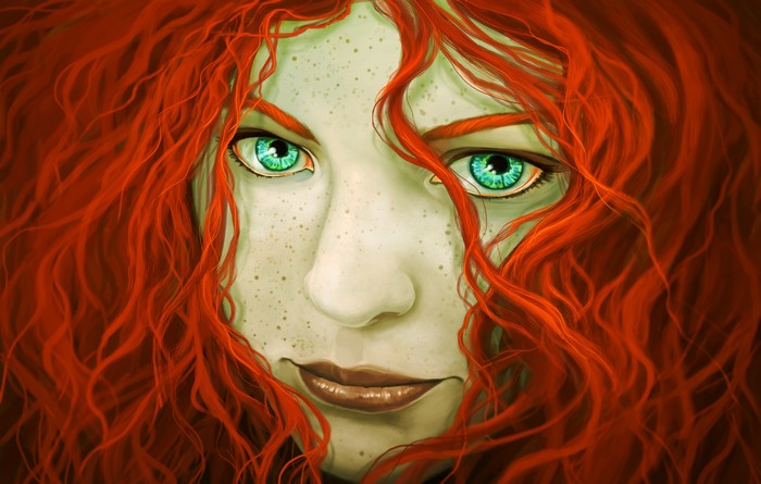 Painting of a redhead girl with green eyes and freckles