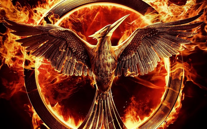 The Mockingjay from The Hunger Games surrounded by fire