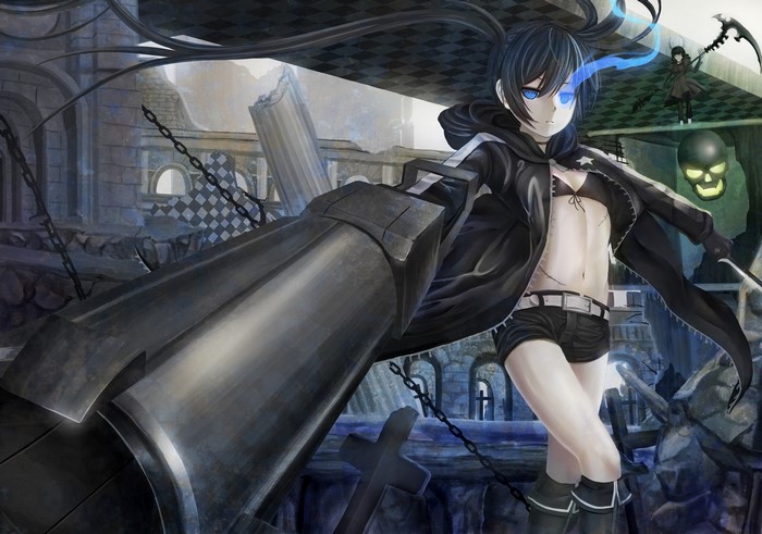 Black Rock Shooter with large cannon in ruined city