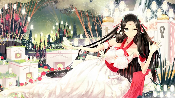 Anime girl in white dress with red accents