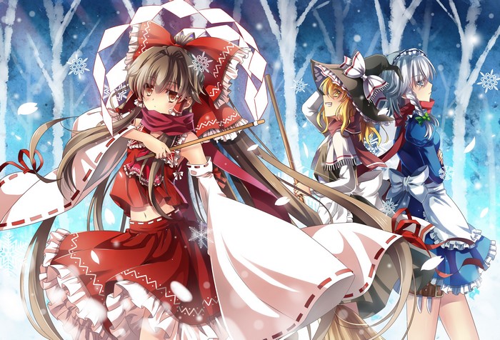 4K Touhou Collection: Reimu, Marisa, and Sakuya in Winter