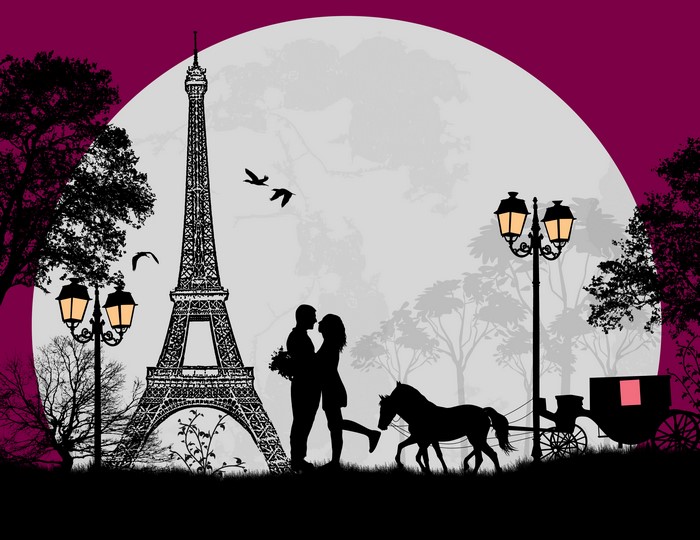 Love in Paris with Eiffel Tower and Moon