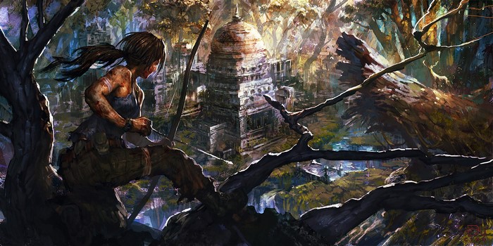 Lara Croft from Tomb Raider with a bow in a jungle ruin