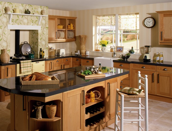 Country kitchen with wooden cabinets and island