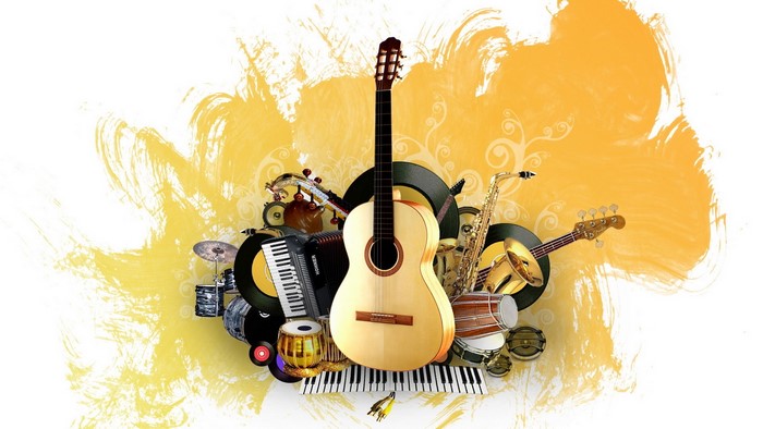 Collage of Musical Instruments with Yellow Brush Strokes