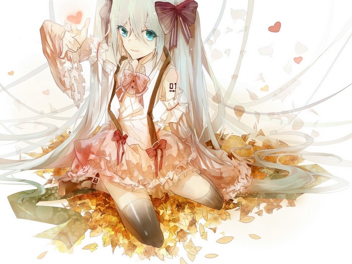 Hatsune Miku in a pink dress with foliage