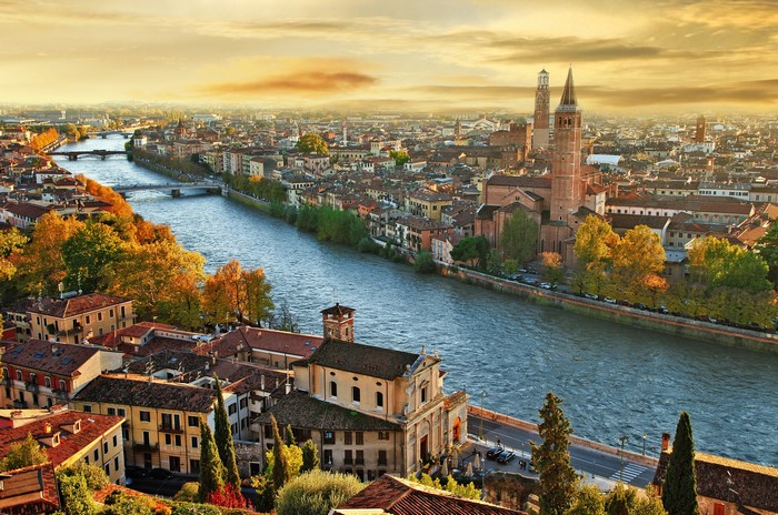Verona cityscape with Adige River and churches