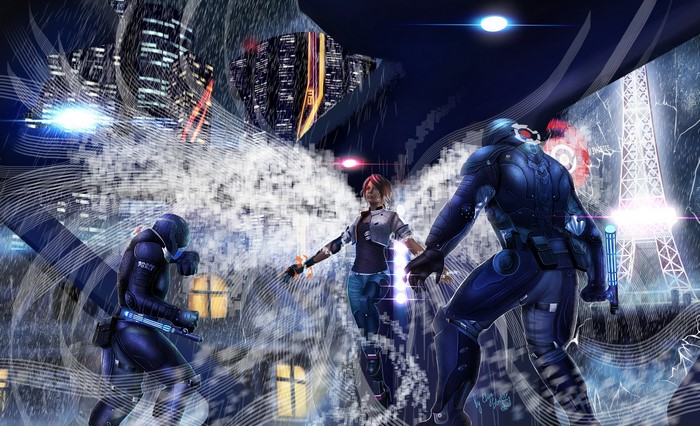 Warriors in a futuristic city battle
