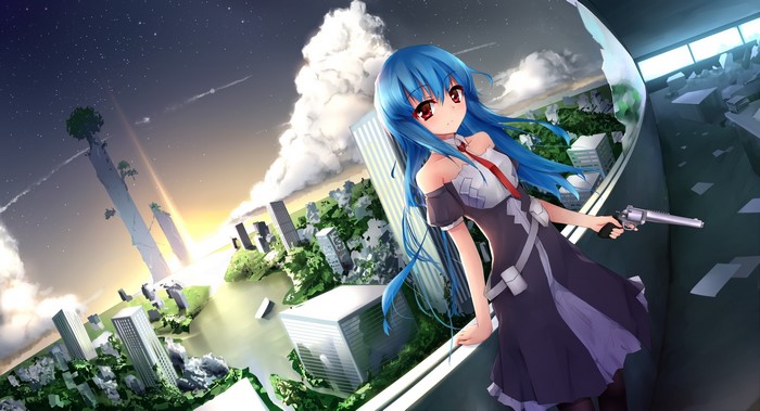 Anime girl with blue hair holding a pistol in a futuristic city