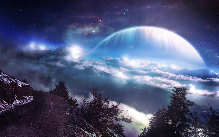 Mystical Planet Rising Above Cloudy Mountain Landscape