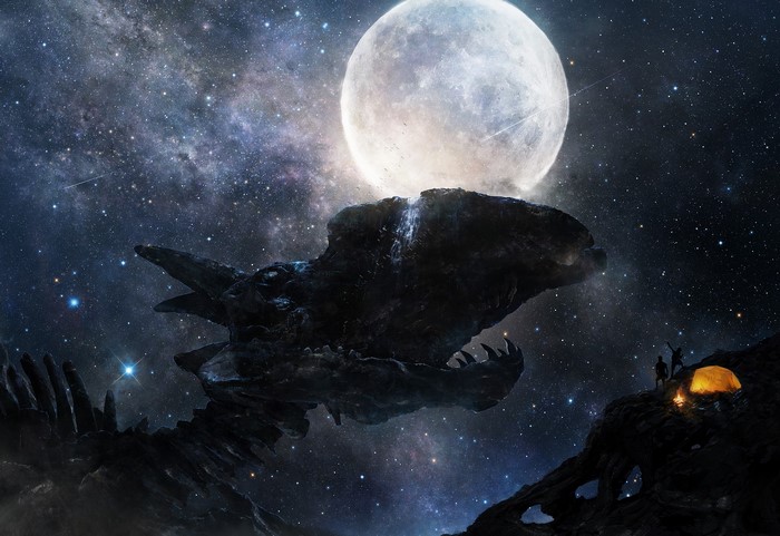 Dragon Skeleton in Space with Moon and Campers