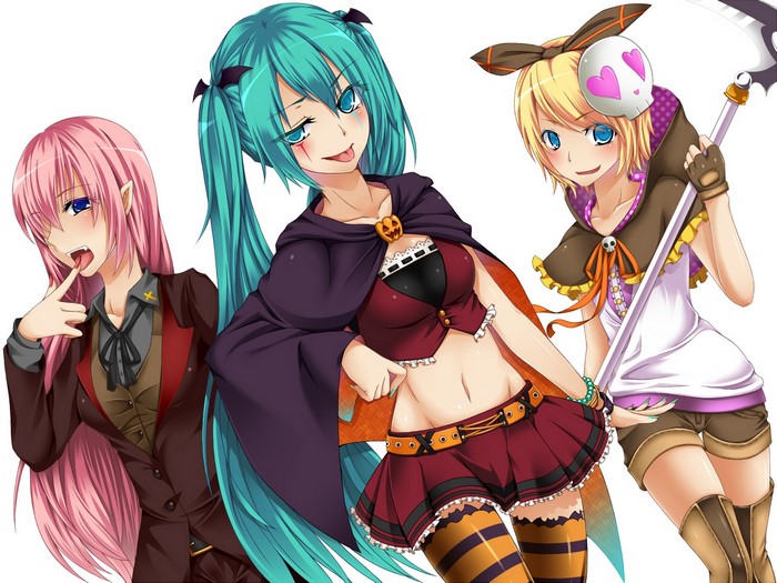 Hatsune Miku, Kagamine Rin, and Luka Megurine in Halloween costumes