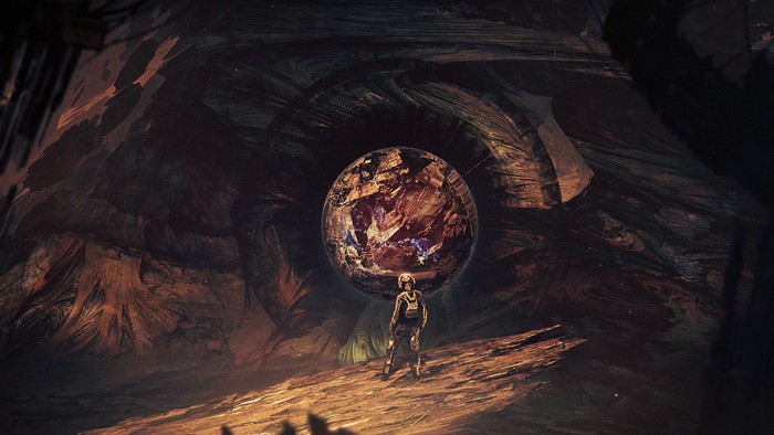 A lone figure stands before a glowing orb in a cave