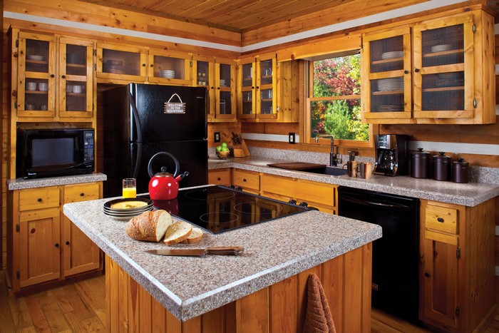 Rustic wooden kitchen with appliances and food