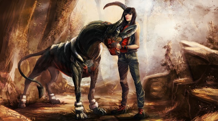 Girl with Magical Animal with Horns