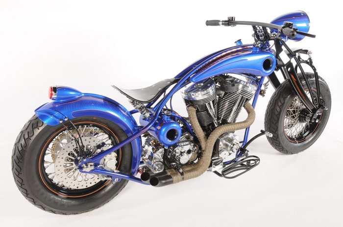 Custom blue motorcycle with chrome engine