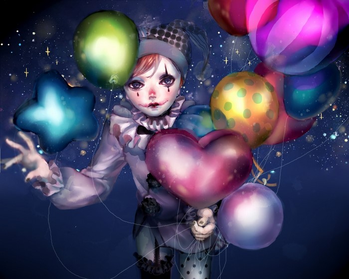 Clown holding balloons in starry night