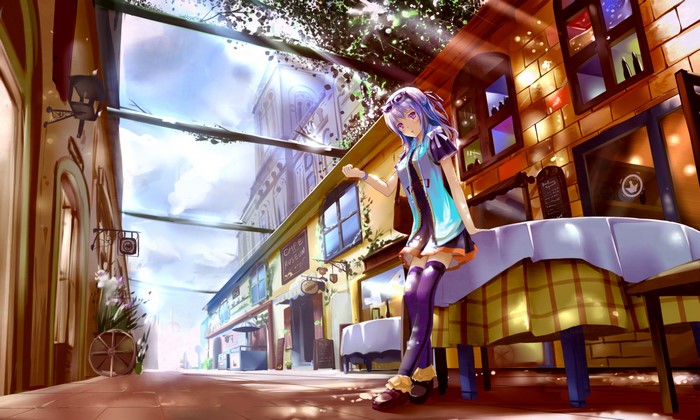 Anime girl in a cafe on a European street