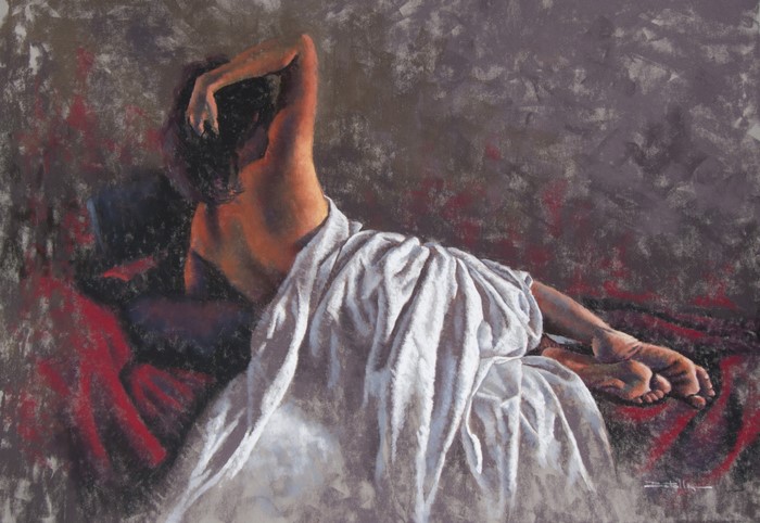 Laurent Botella painting of a woman draped in white cloth