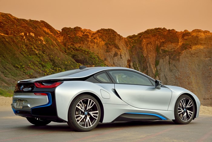 Silver BMW i8 Coupe from the back