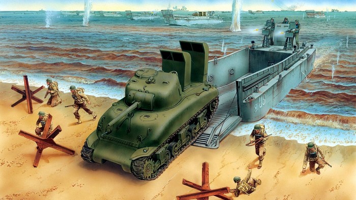 WWII Sherman tank landing on a beach from a landing craft