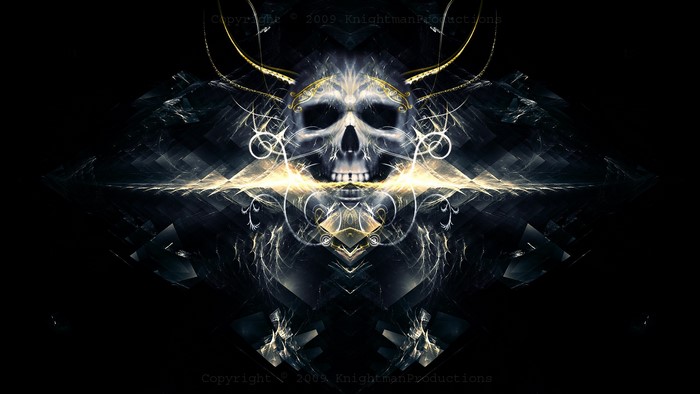 Fractal skull with golden horns and abstract patterns