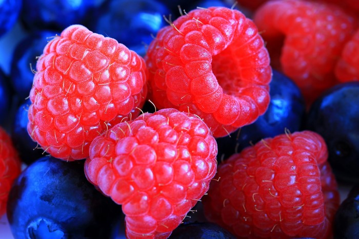 Close-up of Raspberries and Blueberries