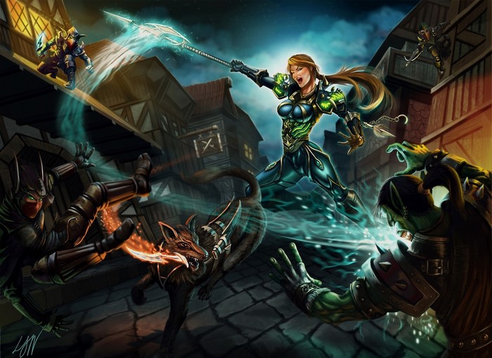 Woman with lightning spear fighting orcs and wolf in town