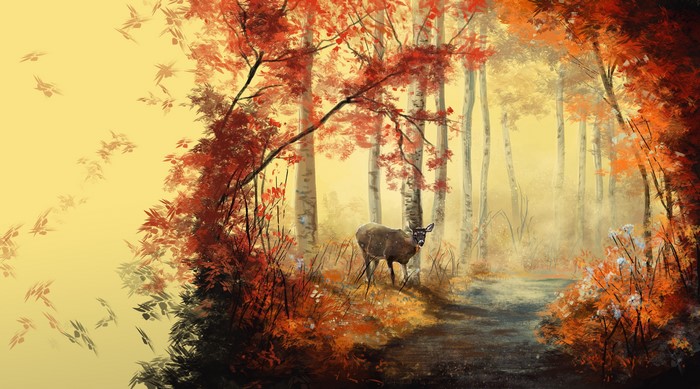 4K Painting Art of Deer in Autumn Foliage