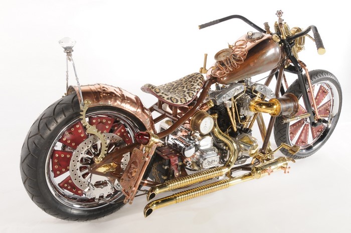 Steampunk custom motorcycle with copper and brass details