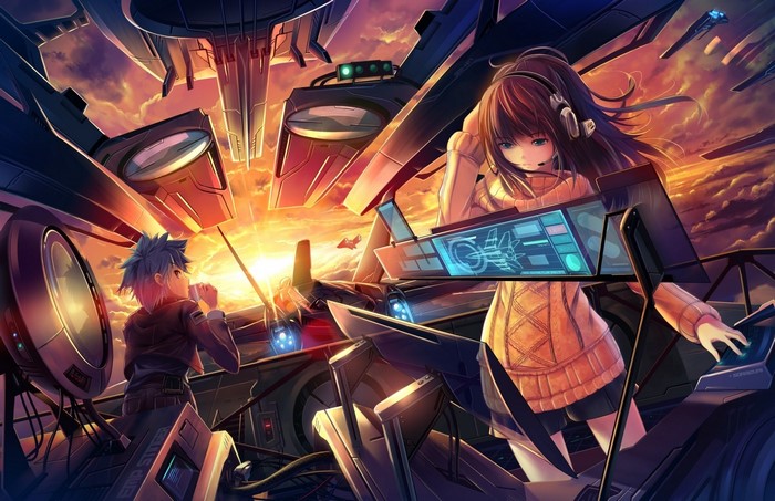 Anime characters in a futuristic cockpit at sunset