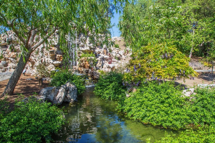 Waterfall and stream in a garden with trees and shrubs