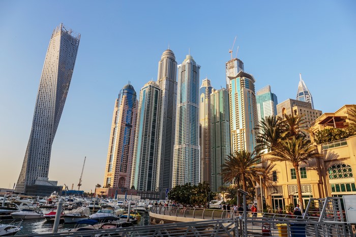 Dubai Marina skyscrapers and yachts in UAE