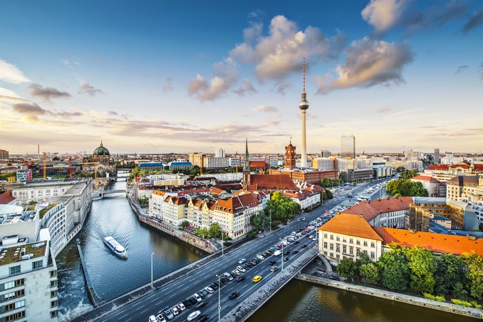 Berlin cityscape with TV Tower and Spree River