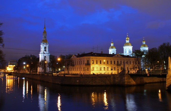 St. Petersburg canal at night with St. Nicholas Naval Cathedral