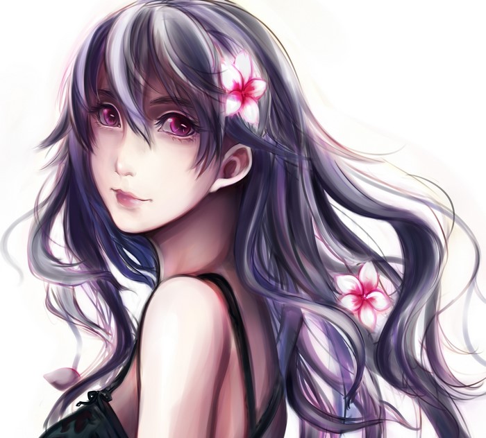 Anime girl with purple hair and flowers