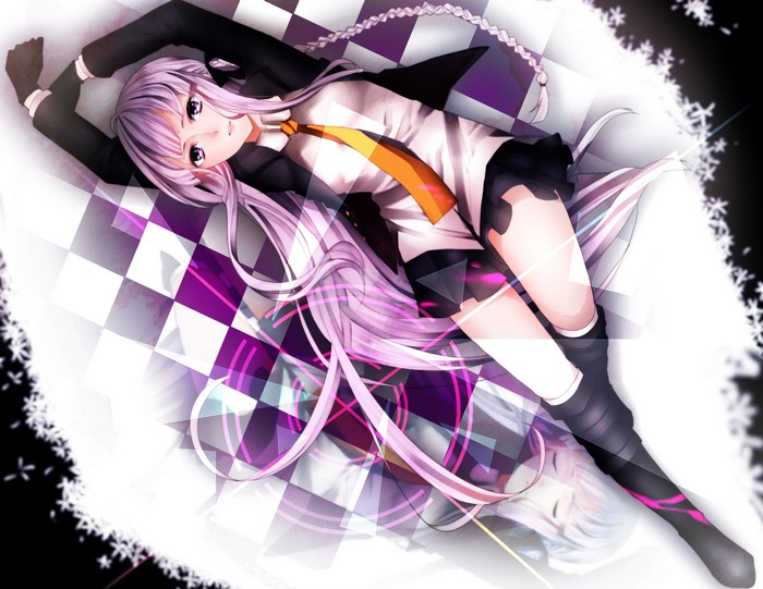 Kyoko Kirigiri from Danganronpa lying on a checkered floor