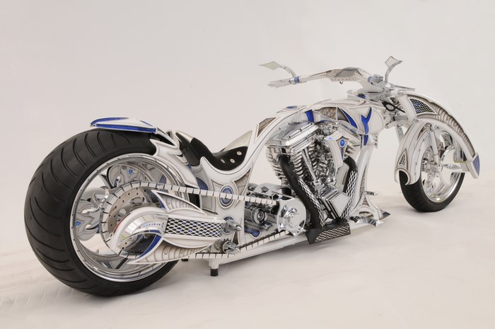 Customized White and Blue Chopper Motorcycle