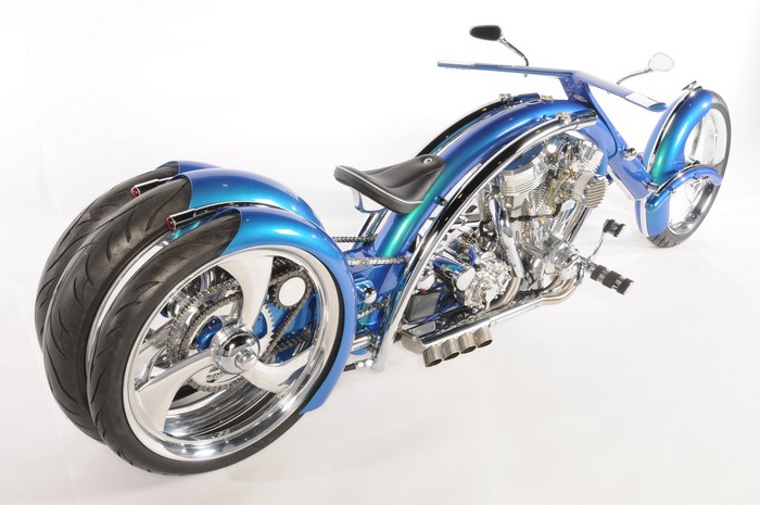 Custom blue trike motorcycle with chrome accents