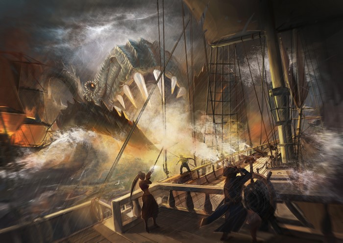 Monster attacking ships during a storm