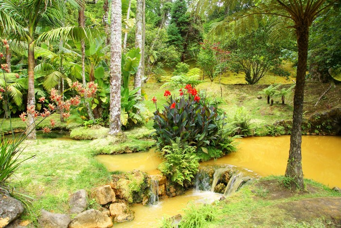 Terra Nostra Gardens with stream and red flowers