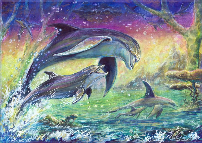 Painting of Dolphins Jumping in Water