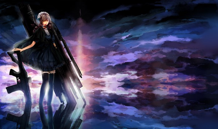 Girl with Guns in a Dramatic Sky