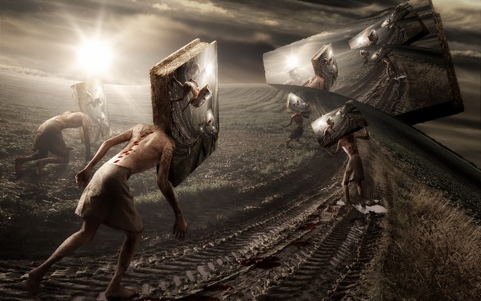 Creatures carrying books in a surreal landscape