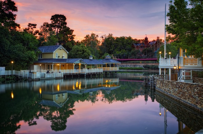 Haunted Mansion and Lake at Twilight, Disneyland California