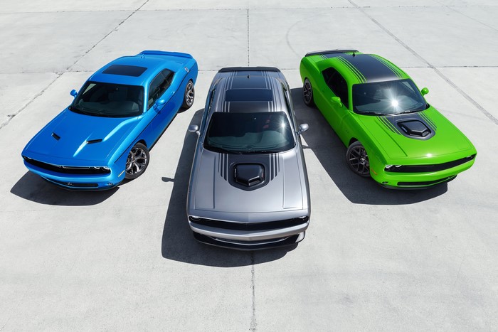 Three Dodge Challengers from above