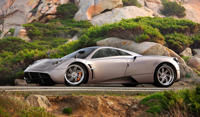 Grey Pagani Huayra parked on a road