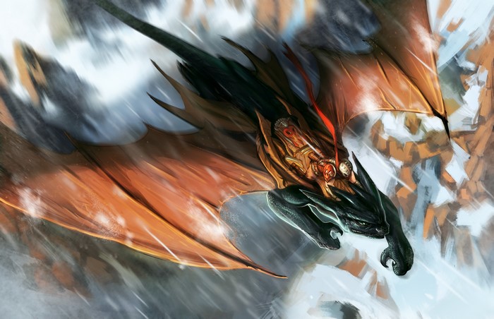Dragon with riders in flight