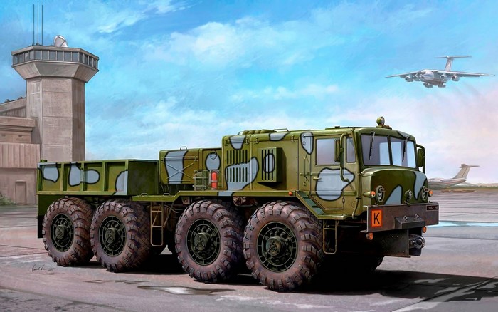 Painting of a KZKT Military Truck at an Airfield